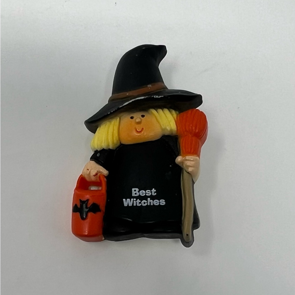 Vintage Enesco Best Witches Blonde Hair Witch Broom Bat Halloween Pin Brooch